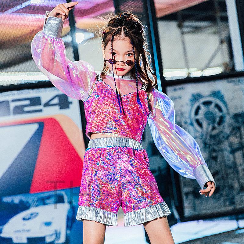 チアガール チア セットアップ ダンス衣装 キッズ キラキラ スパンコール ピンク ガールズ ジャズダンス へそ出し 応援団