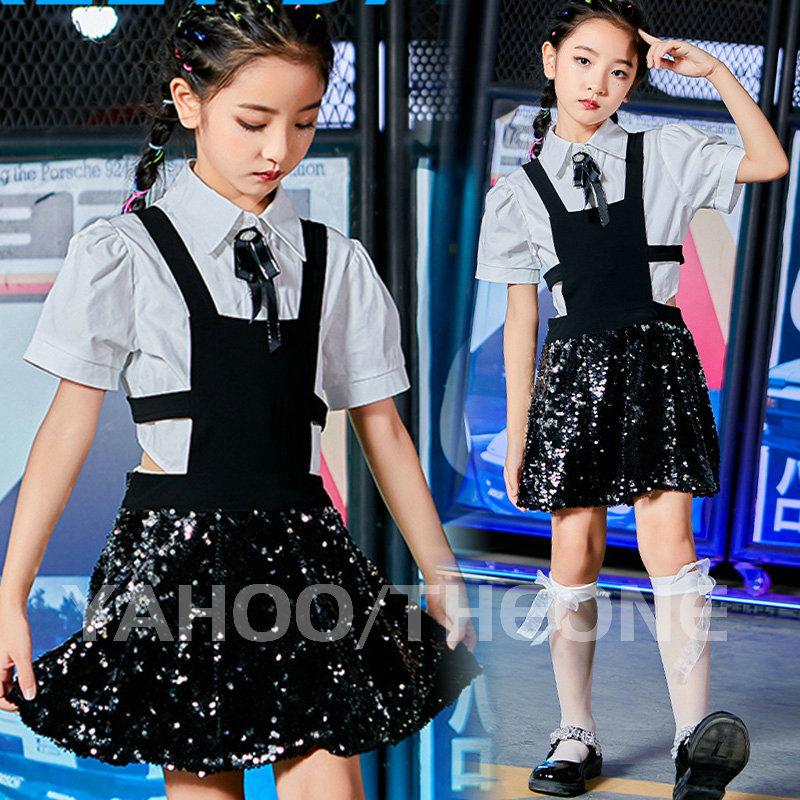 キッズダンス衣装 韓国 ガールズ チアダンス衣装 トップス スカート 白 黒 セットアップ へそ出し 練習着 発表会 おしゃれ カジュアル