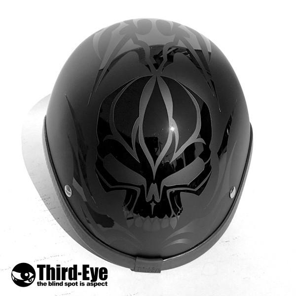 在庫 バイク ヘルメット ハーフキャップ トライバルスカル BLACK