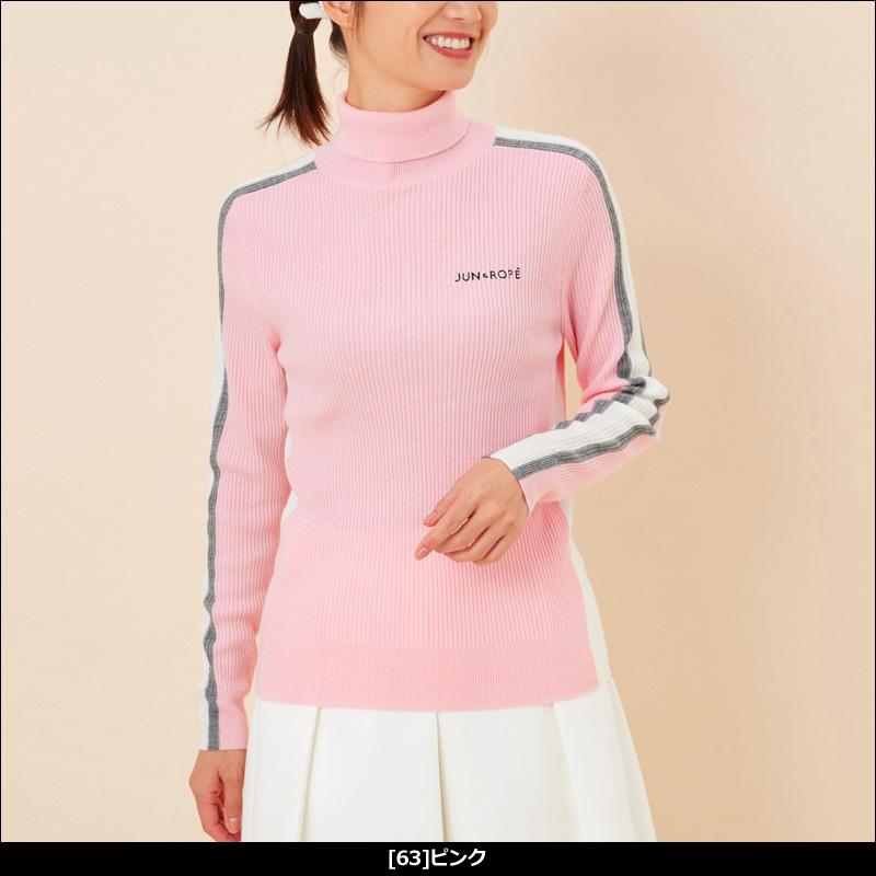 JUN＆ROPE レディース タートルネック 長袖 リブニット ERM61100 配色ライン QCBR ハイネック ゴルフウェア レディス ジュン アンド ロペ ジュンロペ OCT3の画像