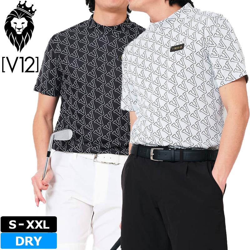美品　V12 　ゴルフウエア　半袖 MONOGRAM MOCK ブラック　L V12（ヴィ・トゥエルヴ） ゴルフ メンズ モックネック 半袖 シャツ LX