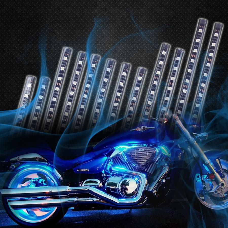 バイク用 RGB フルカラー LEDテープライト 12本 百貨店 防水 明るさ調節 17モード 定番 フラッシュ機能付き イルミネーション オートバイ 一年保証