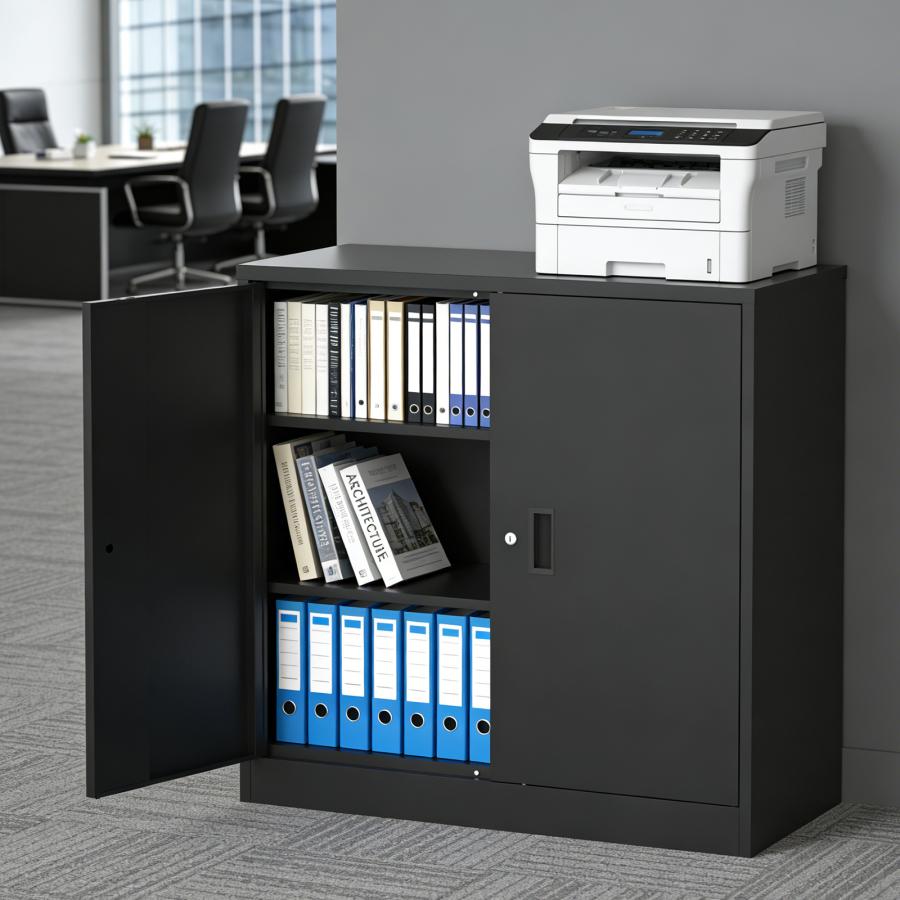 書庫 両開き スチール書庫 鍵付き オフィス 収納 幅90cm 高さ90 鍵付き