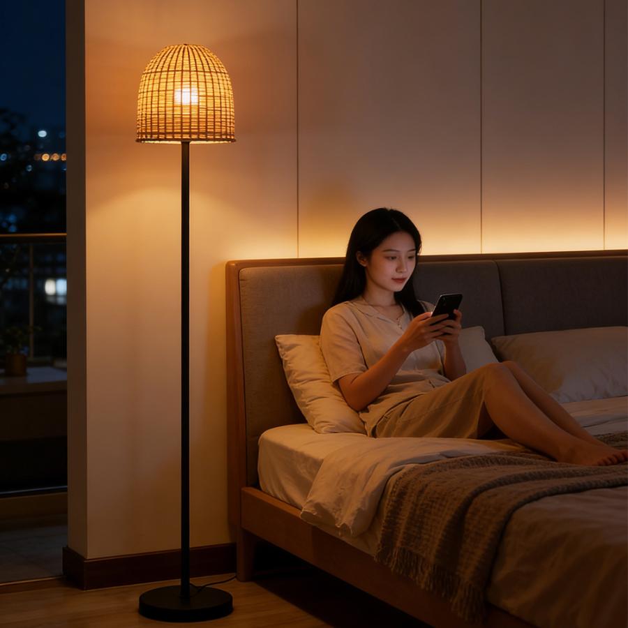 フロアライト Led 竹編みシェード リモコン付き スマホ制御 電球付属