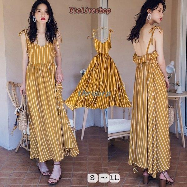 618円 大人の上質 マキシワンピ夏リゾートキャミソールワンピースストライプペブラムフレアロングマキシ丈キャミワンピb
