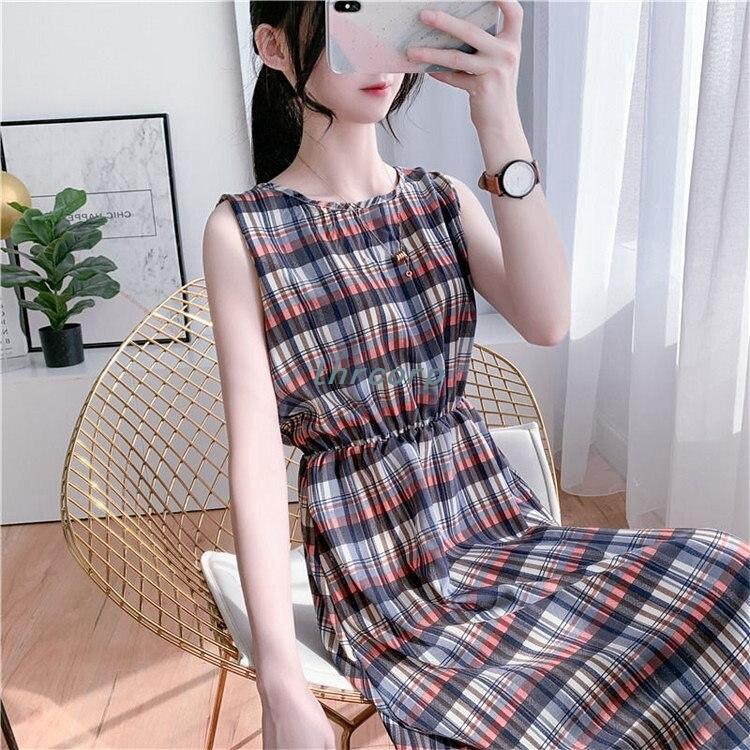 プレゼント チェック柄ワンピース大きいサイズレディース中長セクションシフォン夏袖なしノースリーブウェストゴムパーティードレス海旅行リゾー