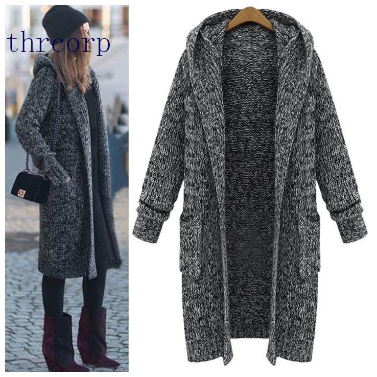 ロングカーディガン厚手レディースニット長袖ゆったりアウターロングニットカーディガングレーざっくりコーデ冬コートフード秋冬 大量入荷