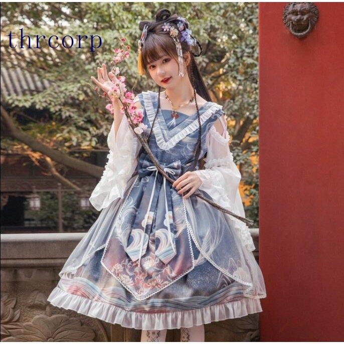 ロリータ服 コート ドレス 中国風ロリータドレス ロリータワンピース ゴシック ロリータ服 改良ゴシックロリータドレス 膝丈 Lolita ミモレ丈 メイドドレス２枚 Dress Thr ドレス Lolita Thrcorp