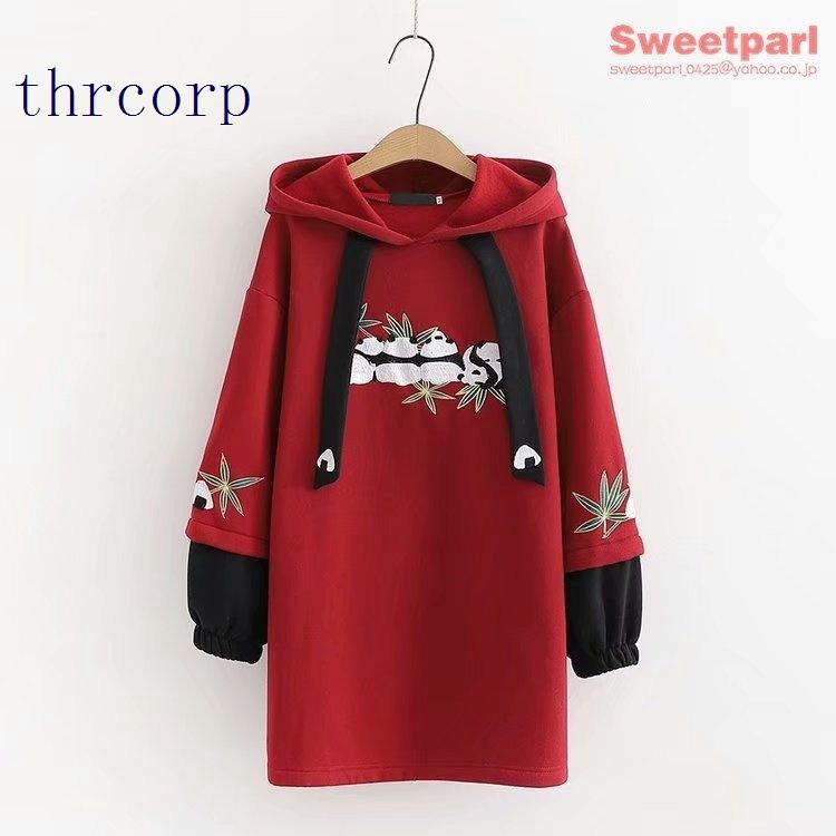 パーカー レディース ロング丈 パンダ 可愛い チャイナ風 切り替え バルーン袖 プルオーバー トップス パーカーワンピ 10代 代 30代 安い