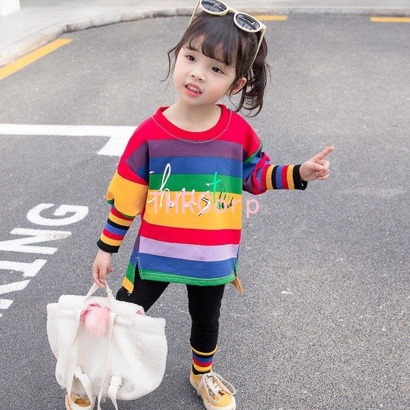 セットアップ ロングtシャツ キッズ 女の子 子供服 上下セット トップス サイドスリット 虹色 ボーダー柄 英文字 レギンス ロングパンツ 豪華で新しい