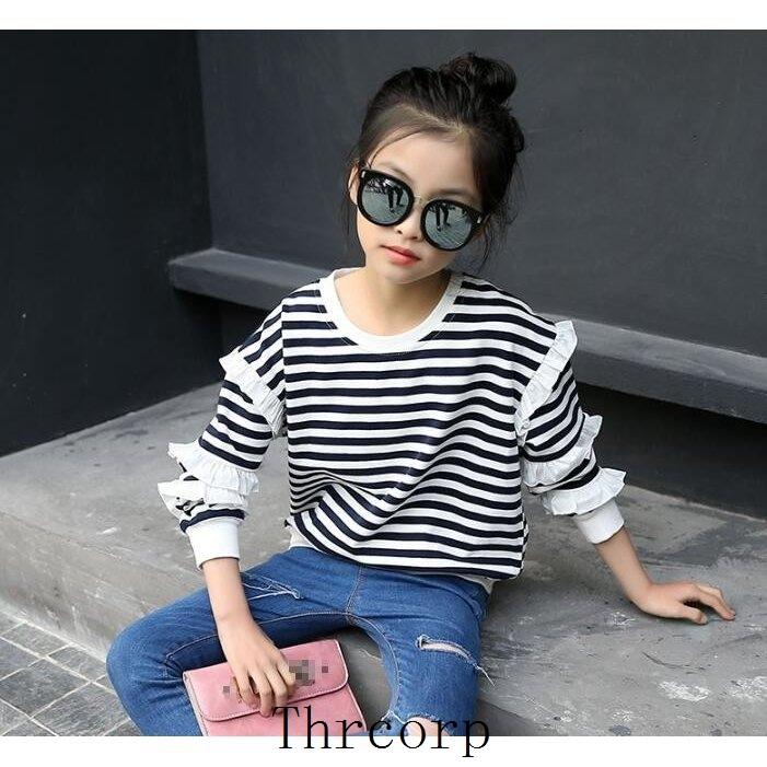 セール キッズ 子供服 韓国 トップス フリル ボーダー柄 Tシャツ 長袖 店長お勧め ジュニア 秋物 春物 上着 ラウンドネック ガールズ 普段着 女の子 Tシャツ サイズ 160 Www We Job Com