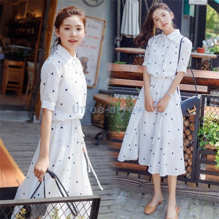 夏 白ワンピース 韓国ファション 韓国風 袖デザイン 半袖 襟付き スプライス ハート柄 おしゃれワンピース 膝丈 韓国ワンピース Three 60qajyv スリーアロー 通販 Yahoo ショッピング