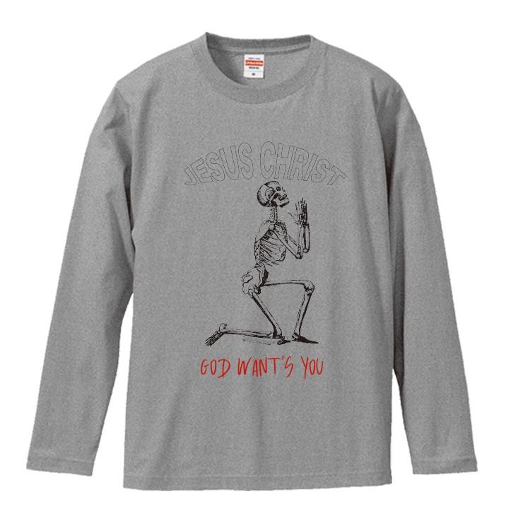 Tシャツ ロンT 長袖 メンズ 男女兼用 がい骨の祈り ロック Hip Hop 骨