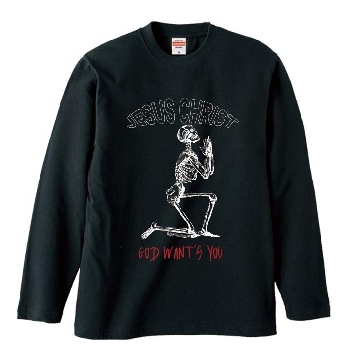 Tシャツ ロンT 長袖 メンズ 男女兼用 がい骨の祈り ロック Hip Hop 骨