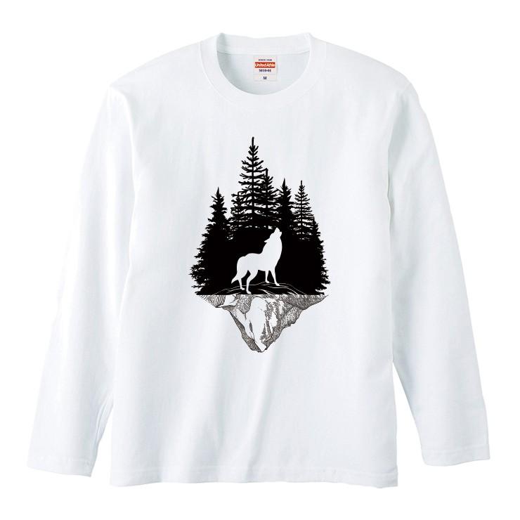 Tシャツ ロンT 長袖 メンズ おもしろ 狼 ウルフ WOLF 森 山 シルエット 遠吠え おしゃれ メンズファッション ロングTシャツ｜three-o-one｜02