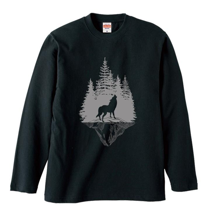 Tシャツ ロンT 長袖 メンズ おもしろ 狼 ウルフ WOLF 森 山 シルエット 遠吠え おしゃれ メンズファッション ロングTシャツ｜three-o-one｜04