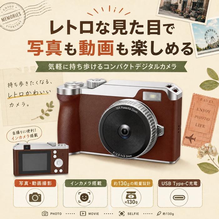デジタルカメラ レトロ かわいい 自撮り セルフカメラ ミニカメラ 100