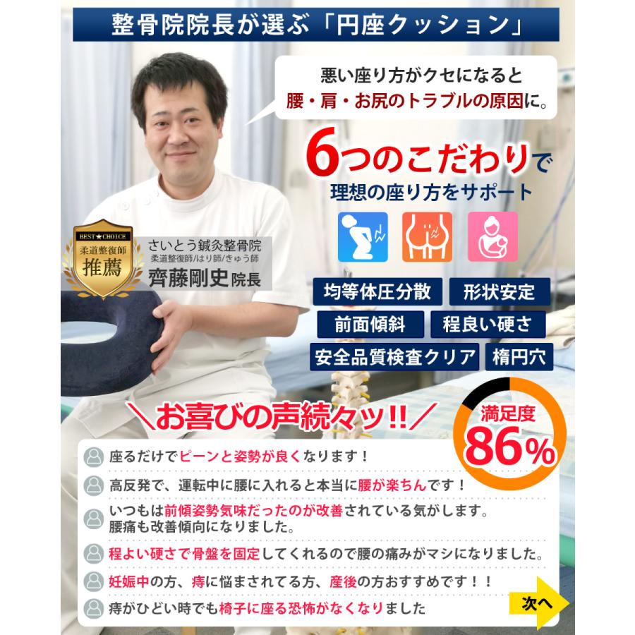 【整骨院の院長推薦】 円座クッション プレミアムメモリーフォーム搭載 腰痛 痔 産後 姿勢 高反発 ドーナツクッション 安全基準クリア ブラック｜threebox39｜02