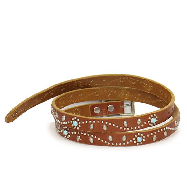 HTC(Hollywood Trading Company) Belt #SN-32 Turquoise 0.75インチ ベルト ライトブラウンレザーxシルバースタッズxターコイズの画像