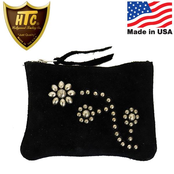 HTC(Hollywood Trading Company) Suede Pouch Wallet #24 スウェード ポーチウォレット ブラックレザーxシルバースタッズ｜threewoodjapan