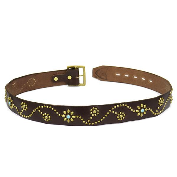 HTC (Hollywood Trading Company) Belt #125 Turquoise 1.75インチ レザーベルト ダークブラウンレザーxブラススタッズxターコイズの画像