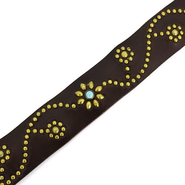 HTC (Hollywood Trading Company) Belt #125 Turquoise 1.75インチ レザーベルト ダークブラウンレザーxブラススタッズxターコイズの画像