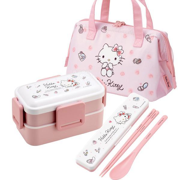 ハローキティ 水彩コスメ 抗菌 ４点ロックお弁当箱 ２段 コンビ がま口型ランチバッグ セット PFLW4AG | 