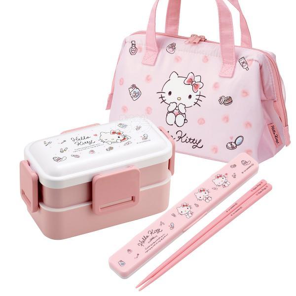 ハローキティ 水彩コスメ 抗菌 ４点ロックお弁当箱 ２段 箸＆箸箱 がま口型ランチバッグ セット PFLW4AG | 