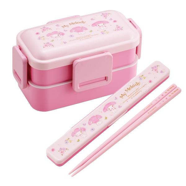 My Melodyファン必見‼️ 弁当箱 2009年製 マイメロディ パステル花柄 4点ロックお弁当箱 2段 箸＆箸箱 セット