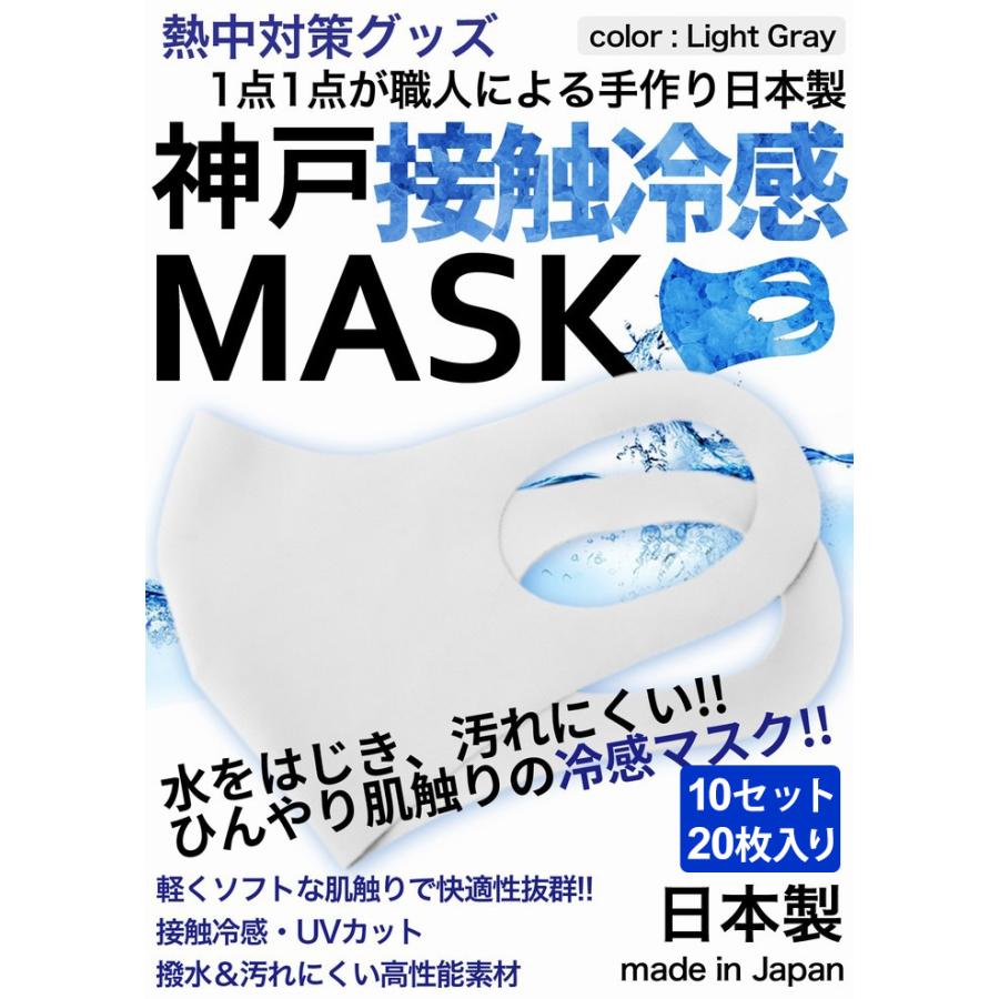冷感マスク 生地 接触冷感 マスク 日本製 20枚入り ライトグレー 夏用マスク ひんやりマスク ナノ撥水加工 洗えるマスク