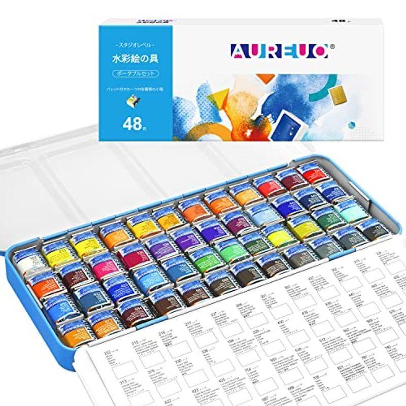 Aureuo スタジオレベル 固形水彩絵の具セット 48色 ポータブル旅行用 錫の小箱 金属パレット付き 無毒 芸術絵創作 現代水彩絵 風景