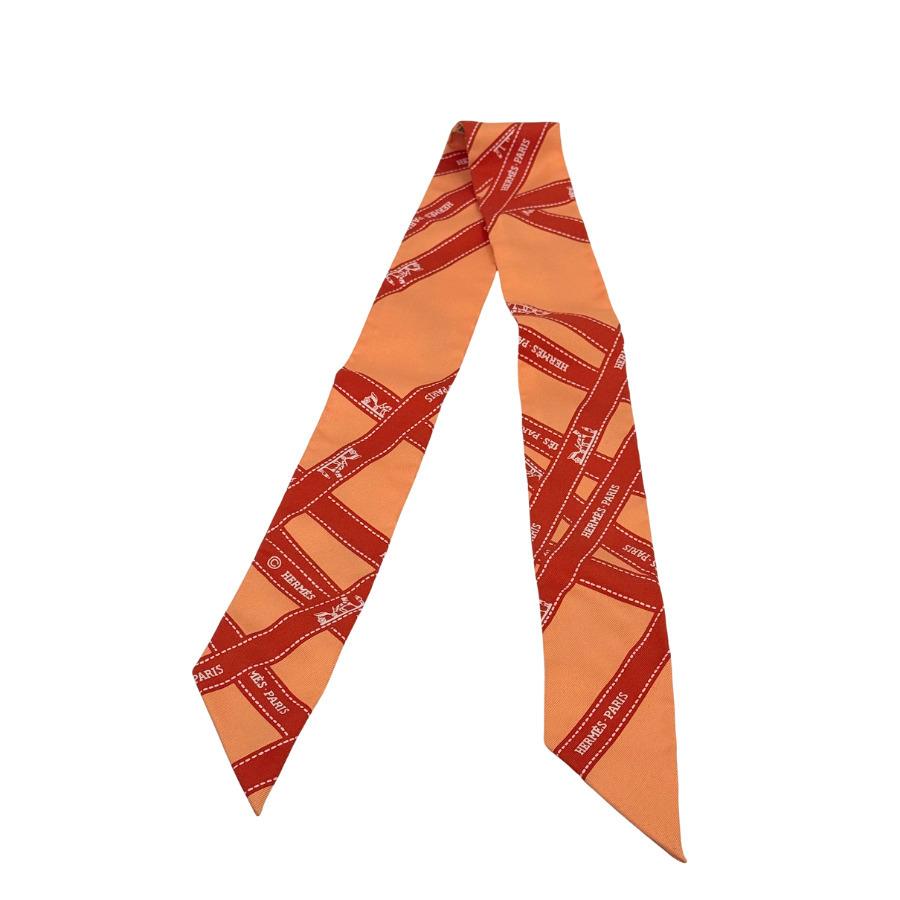 美品 HERMES エルメス ツイリー スカーフ バッグアクセサリー シルク オレンジ レディース
