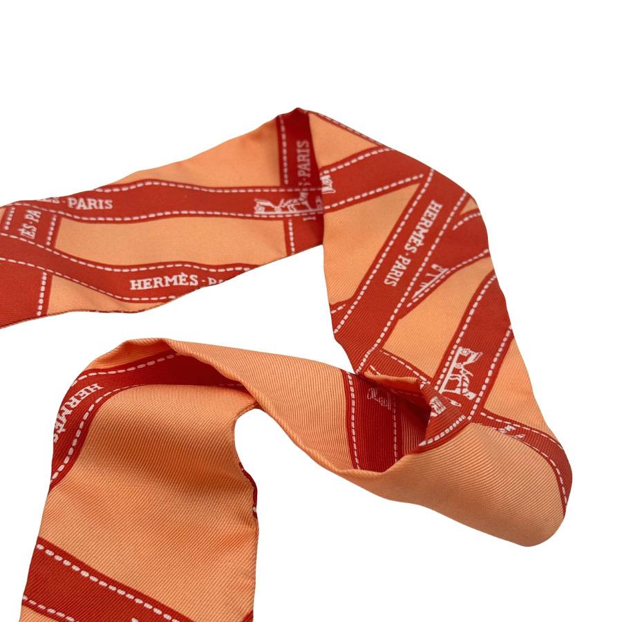 美品 HERMES エルメス ツイリー スカーフ バッグアクセサリー シルク オレンジ レディース