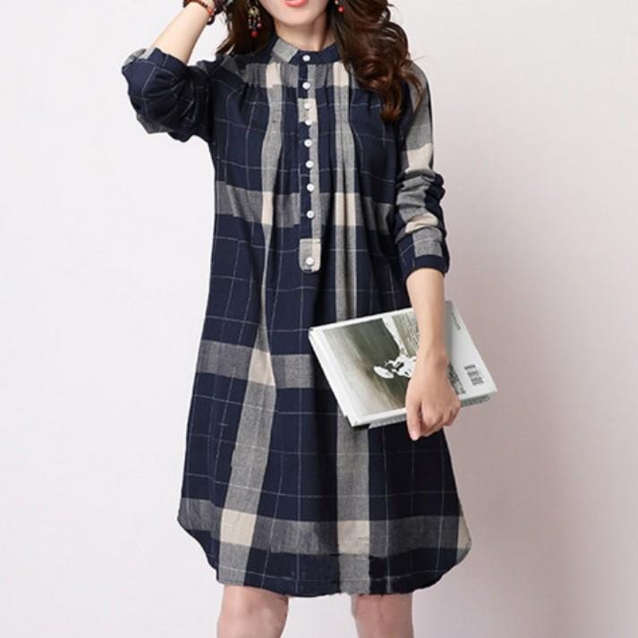 楽天 チュニック かわいい 立ち襟 シャツ ａラインワンピース ゆったり 着 チェック柄 M ｌサイズ ｘｌサイズ ネイビー ｈ２ Avmap Gr