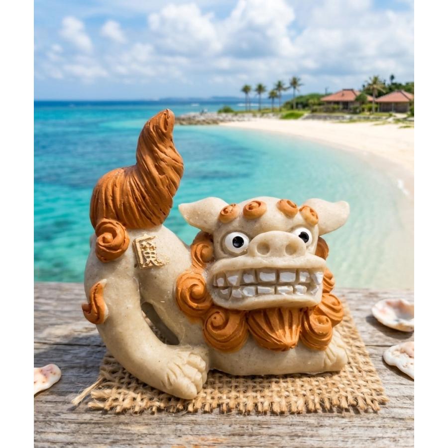 獅子頭　玄関用　魔除け　福招き 吠え獅子 伏せシーサー 6.5cm 麻マット付 1ペア 沖縄獅子 魔除け 家内