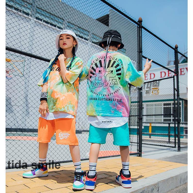 キッズ ダンス衣装 Ｔシャツ ヒップホップ 虹色 トップス ハーフパンツ 男の子 女の子 ストリートダンス ステージ衣装 子供 団体服 ゆったり 発表会｜tidasmile｜03