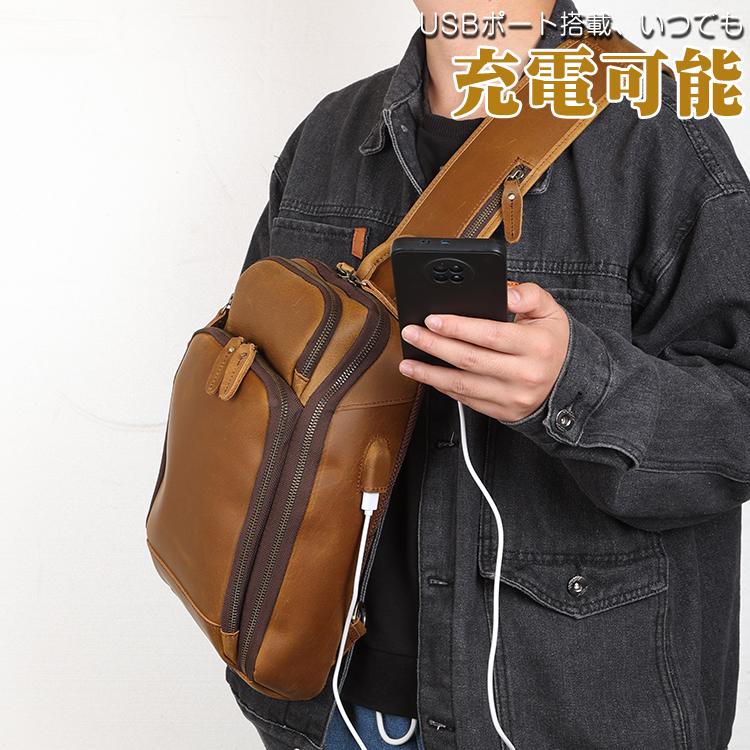 TIDING USB充電可 メンズ 本革 ボディバッグ ワンショルダーバッグ