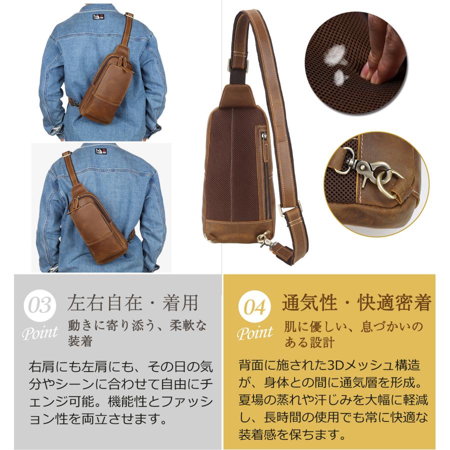 TIDING ボディバッグ 本革 ワンショルダーバッグ 左右両掛け 厚手牛革