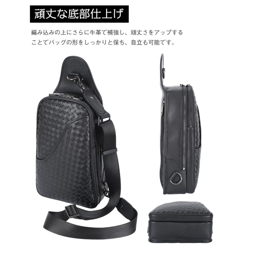 TIDING イントレチャート メンズ 牛革 ボディバッグ メッシュ編み込み