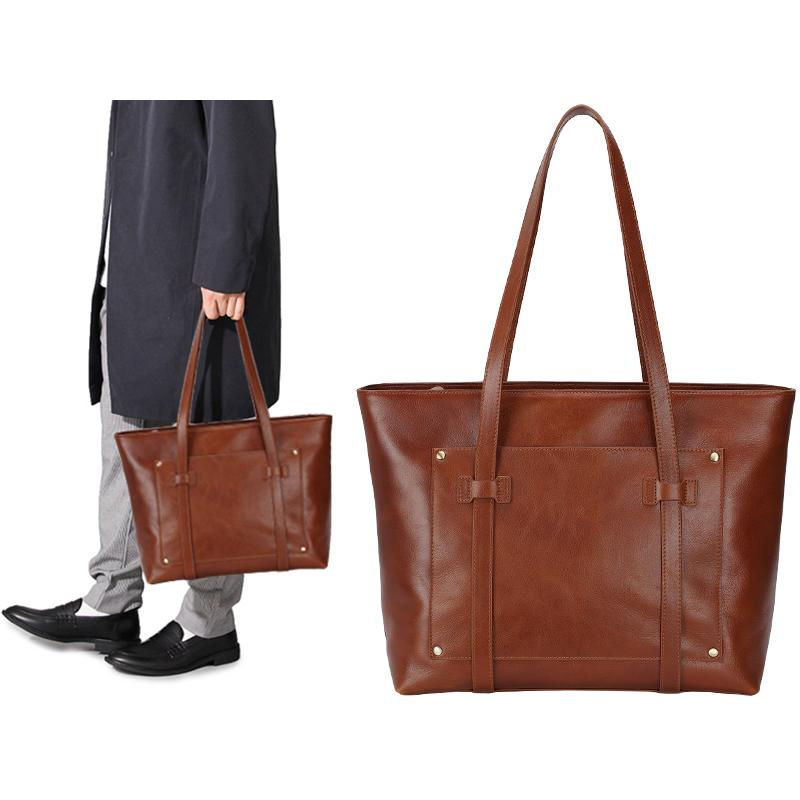 オイルレザー トートバッグ メンズ 本革 牛革 自立 14pc ビジネス カジュアル兼用 通勤 ブラウン Tiding 潮牛 全国総量無料で