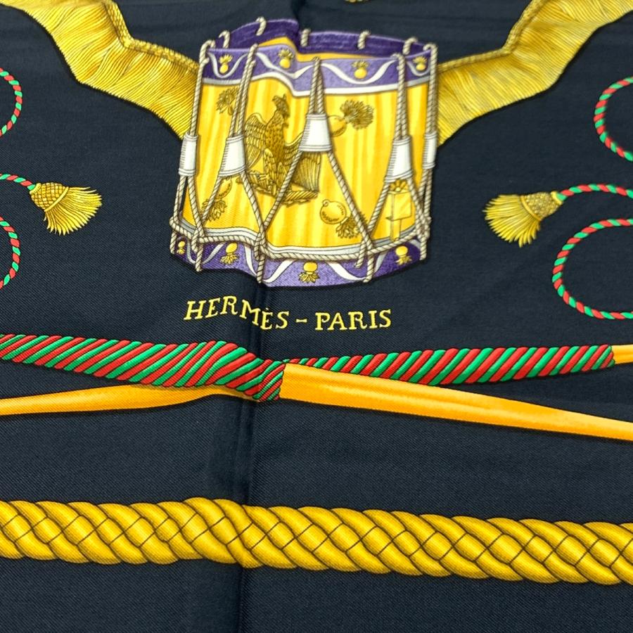 HERMES エルメス スカーフ ブラック シルク100％ LES TAMBOURS