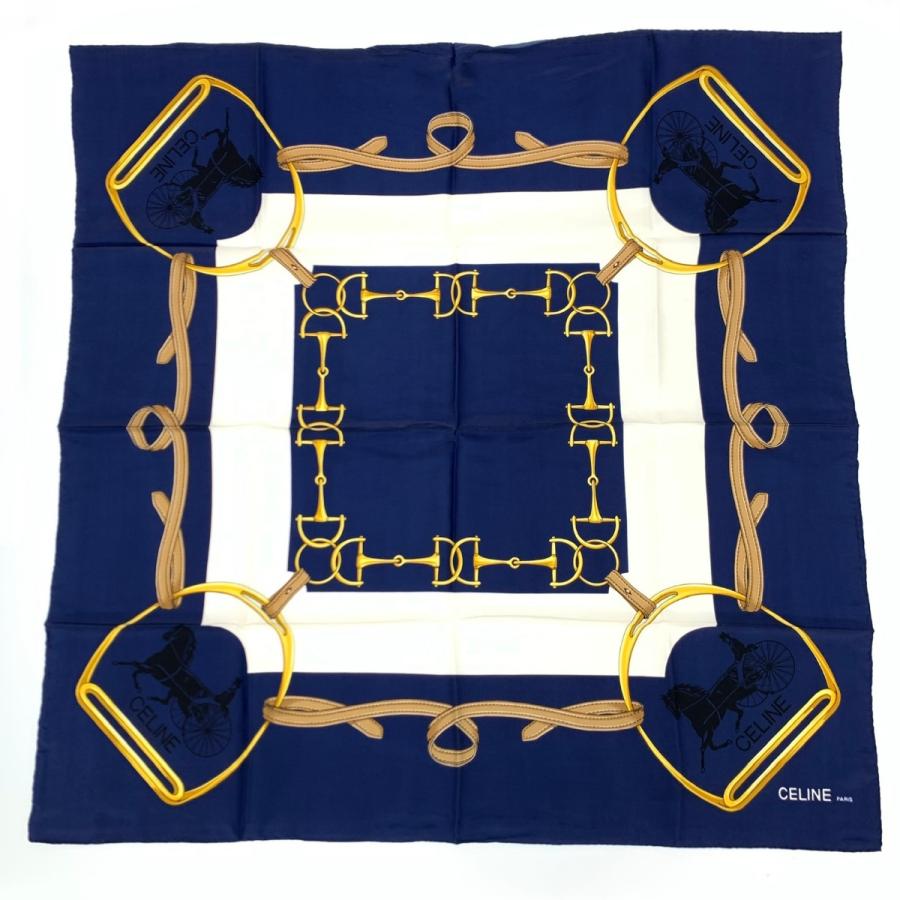CELINE セリーヌ スカーフ 新品同様 ネイビー シルク100 CELINE セリーヌ スカーフ 新品同様 ネイビー シルク100