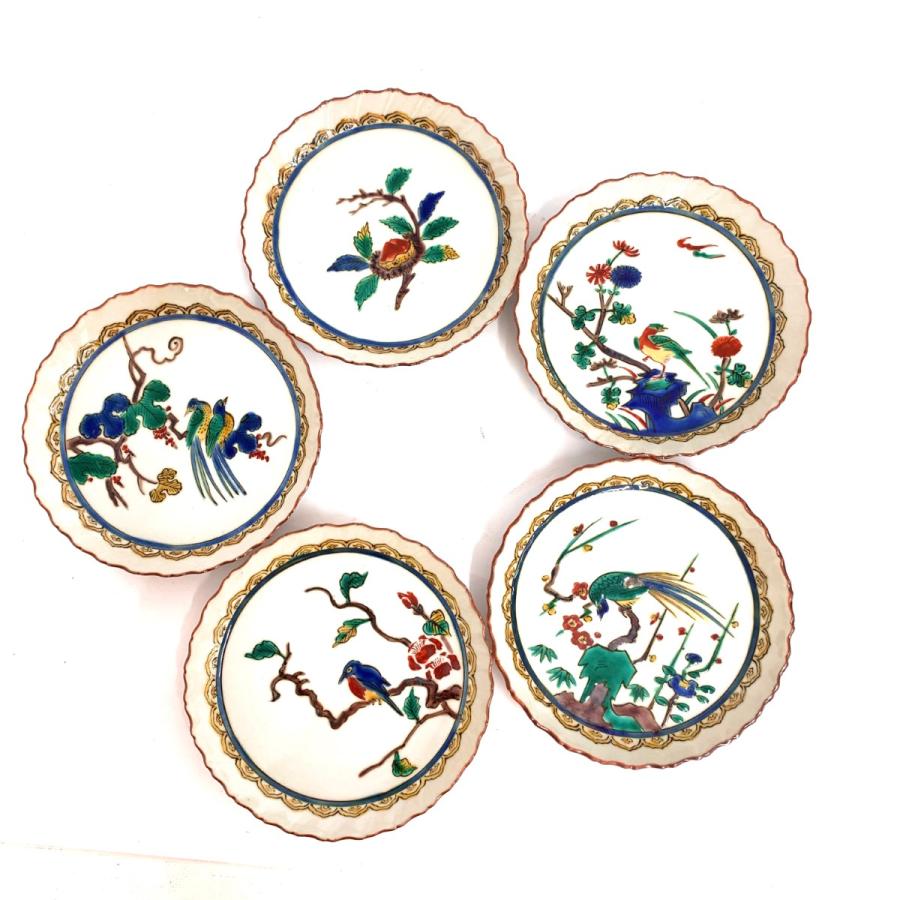 九谷焼 二重角福 古九谷意 輪花皿 5客揃 共箱 陶磁器 色絵花鳥図 九谷焼 二重角福 古九谷意 輪花皿 5客揃 共箱 陶磁器 色絵花鳥図