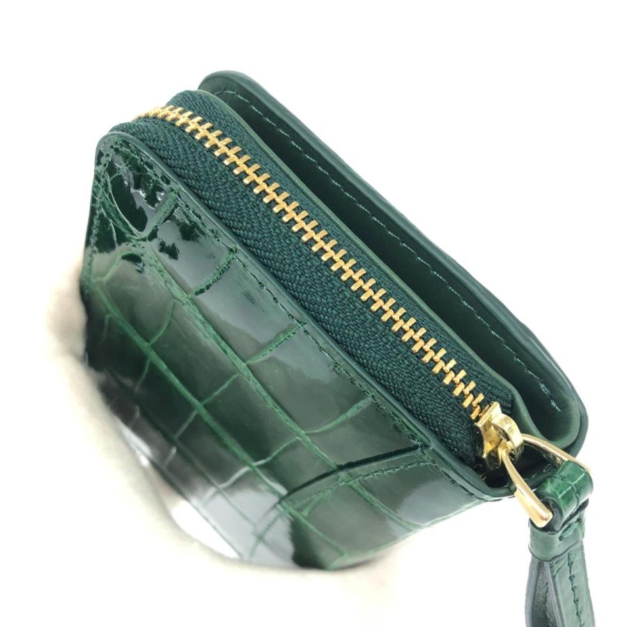 本革 クロコダイル 二つ折り財布 新品同様 グリーン シャイニー加工 