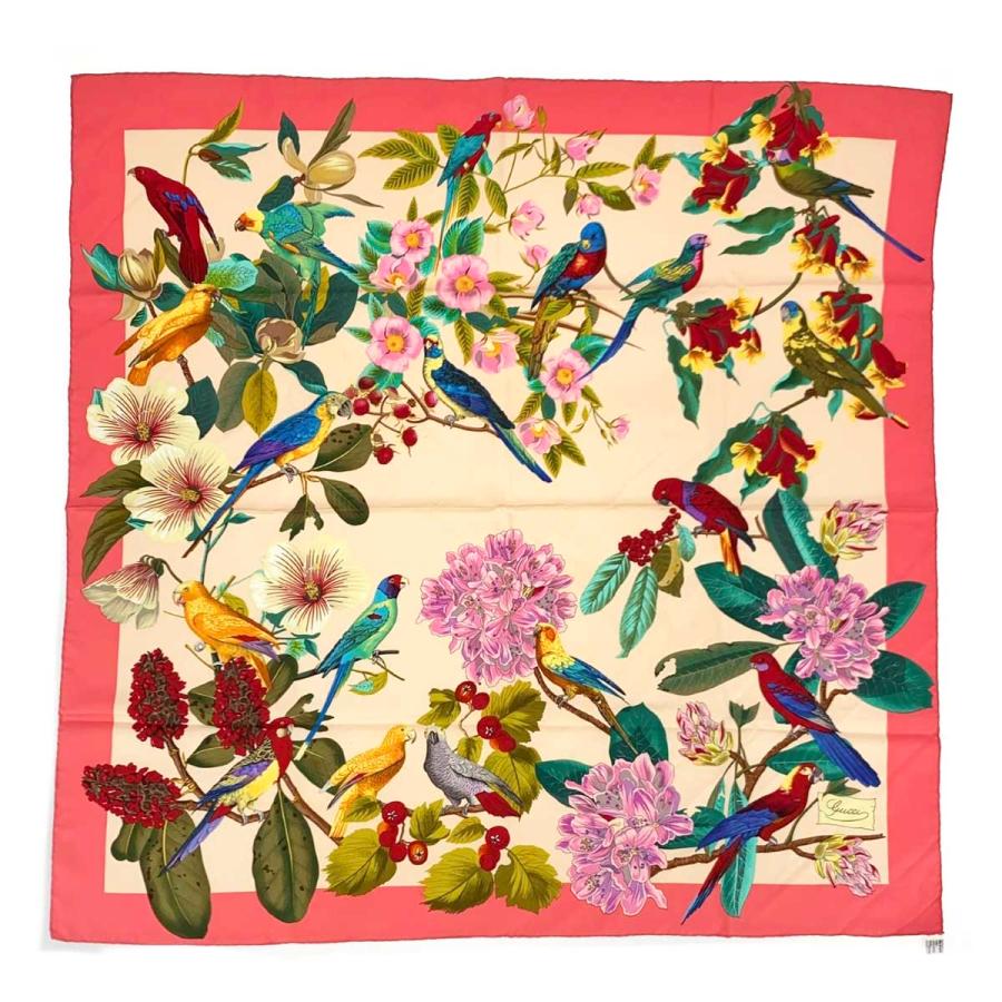 GUCCI グッチ スカーフ ピンク シルク100% フラワー&オウム柄 GUCCI グッチ スカーフ ピンク シルク100% フラワー&オウム柄