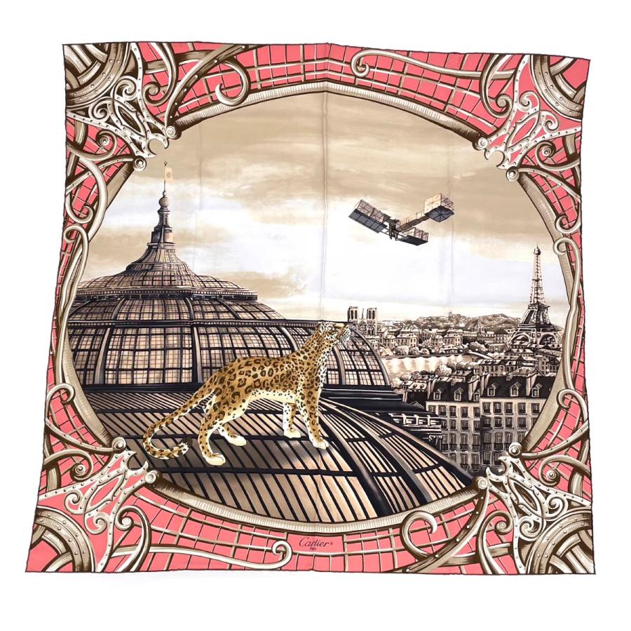 Cartier カルティエ スカーフ 新品同様 ベージュ×ピンク シルク100  