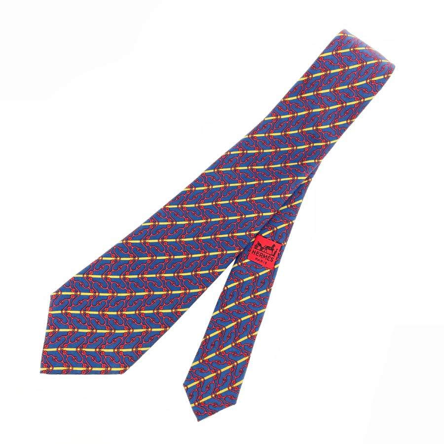 エルメス HERMES ネクタイ 総柄 シルク 紺 ネイビー フランス製 【公式
