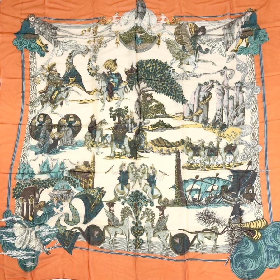 HERMES エルメス 大判シフォンスカーフ 美品 オレンジ シフォン Au FIL 