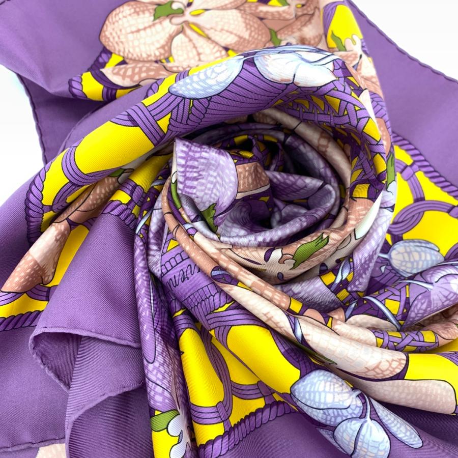 HERMES エルメス カレ90 SOUVENIRS D’ASIE スカーフ 良好 パープル シルク100％ アジアの想い出 レディース スカーフ  カレ 絹 服飾小物