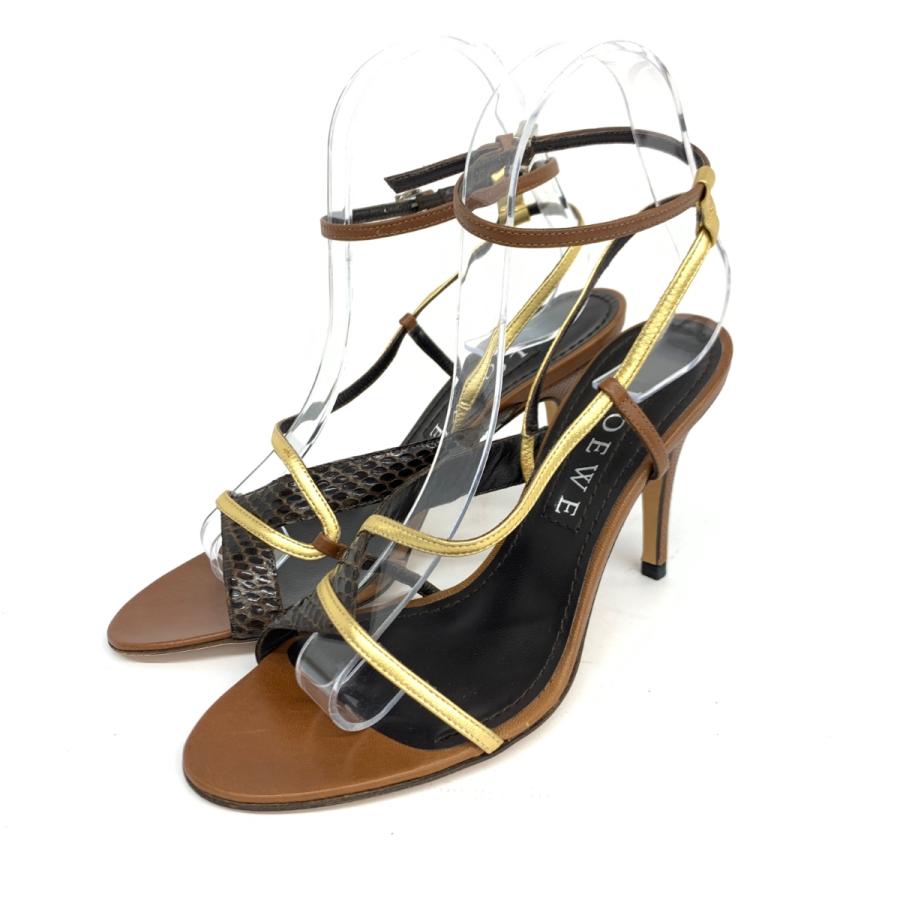 LOEWE ロエベ サンダル 美品 37 ブラウン レザー×パイソン レディース 